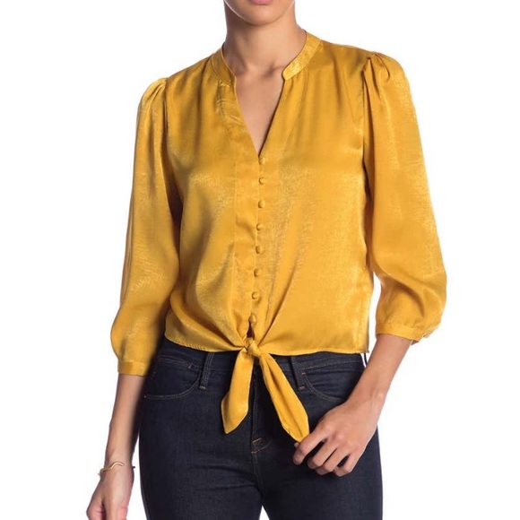 Elodie Tops - Elodie Mustard Yellow Button Front Tie Blouse